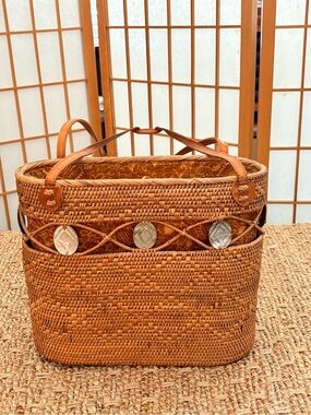 Woven Basket Shoulder Bag with Shell Medallions - Tan